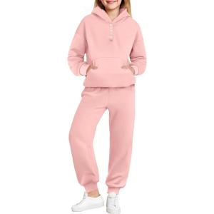 Arshiner Girls 2 Piece Outfits Fashion Sweatsuits Button Down Hooded Sweatshirt and Sweatpants with Pockets Kids Tracksuit(Light Pink)