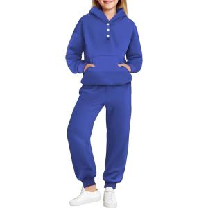 Arshiner Girls 2 Piece Outfits Fashion Sweatsuits Button Down Hooded Sweatshirt and Sweatpants with Pockets Kids Tracksuit(Navy)