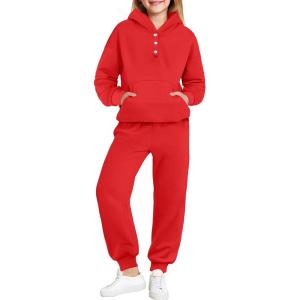 Arshiner Girls 2 Piece Outfits Fashion Sweatsuits Button Down Hooded Sweatshirt and Sweatpants with Pockets Kids Tracksuit(Red)