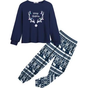 Arshiner Girls 2 Piece Outfits Fashion Tracksuits Long Sleeve Pullover Sweatshirt and Sweatpants Jogger Set with Pockets(Navy Blue&print)