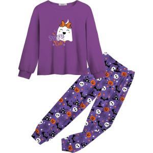 Arshiner Girls 2 Piece Outfits Fashion Tracksuits Long Sleeve Pullover Sweatshirt and Sweatpants Jogger Set with Pockets(Purple&print)