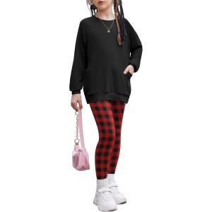Arshiner Girls 2 Piece Outfits Long Sleeve Raglan Top with Pockets and Slim Fit Pants Daily Wear Set for 6-14Y(Black Red Plaid)