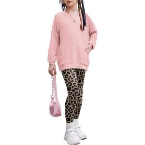 Arshiner Girls 2 Piece Outfits Long Sleeve Raglan Top with Pockets and Slim Fit Pants Daily Wear Set for 6-14Y(Classic Leopard)