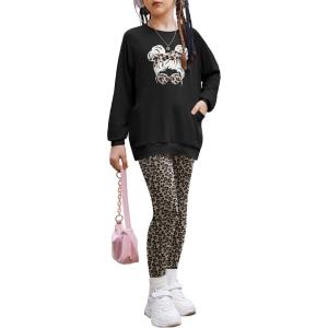 Arshiner Girls 2 Piece Outfits Long Sleeve Raglan Top with Pockets and Slim Fit Pants Daily Wear Set for 6-14Y(Leopard Girl)