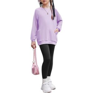 Arshiner Girls 2 Piece Outfits Long Sleeve Raglan Top with Pockets and Slim Fit Pants Daily Wear Set for 6-14Y(Purple)