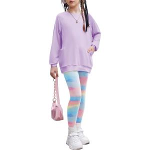 Arshiner Girls 2 Piece Outfits Long Sleeve Raglan Top with Pockets and Slim Fit Pants Daily Wear Set for 6-14Y(Tiedye Striped)