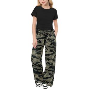 Arshiner Girls 2 Piece Outfits Short Sleeve Ruched Drawstring Crewneck Tops and Wide Leg Pants with Pockets Clothing Sets(Black&camouflage)