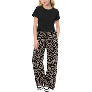 Arshiner Girls 2 Piece Outfits Short Sleeve Ruched Drawstring Crewneck Tops and Wide Leg Pants with Pockets Clothing Sets(Black&leopard)