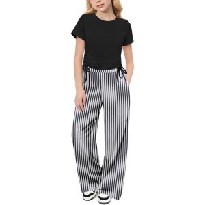 Arshiner Girls 2 Piece Outfits Short Sleeve Ruched Drawstring Crewneck Tops and Wide Leg Pants with Pockets Clothing Sets(Black&stripe)