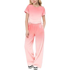 Arshiner Girls 2 Piece Outfits Short Sleeve Ruched Drawstring Crewneck Tops and Wide Leg Pants with Pockets Clothing Sets(Coral White)