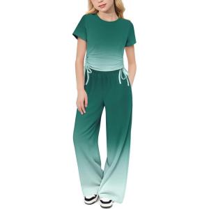 Arshiner Girls 2 Piece Outfits Short Sleeve Ruched Drawstring Crewneck Tops and Wide Leg Pants with Pockets Clothing Sets(Green&white)