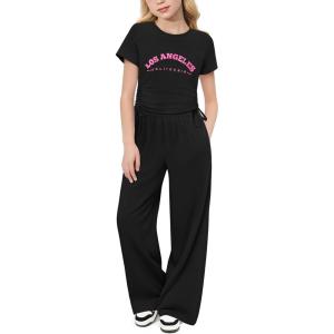 Arshiner Girls 2 Piece Outfits Short Sleeve Ruched Drawstring Crewneck Tops and Wide Leg Pants with Pockets Clothing Sets(Letter Print)