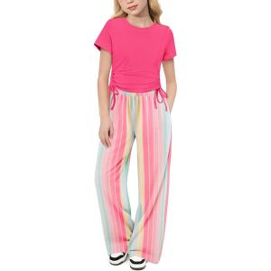 Arshiner Girls 2 Piece Outfits Short Sleeve Ruched Drawstring Crewneck Tops and Wide Leg Pants with Pockets Clothing Sets(Pink&stripe)