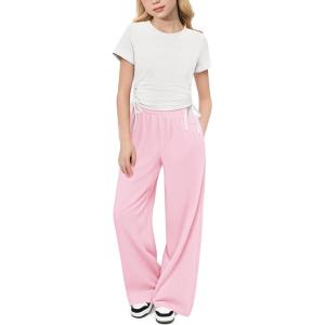 Arshiner Girls 2 Piece Outfits Short Sleeve Ruched Drawstring Crewneck Tops and Wide Leg Pants with Pockets Clothing Sets(White&pink)