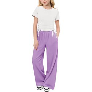 Arshiner Girls 2 Piece Outfits Short Sleeve Ruched Drawstring Crewneck Tops and Wide Leg Pants with Pockets Clothing Sets(White&purple)