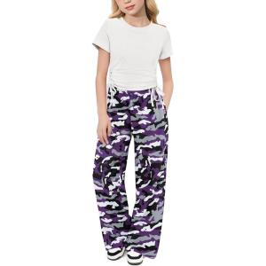 Arshiner Girls 2 Piece Outfits Short Sleeve Ruched Drawstring Crewneck Tops and Wide Leg Pants with Pockets Clothing Sets(White&purple Camouflage)