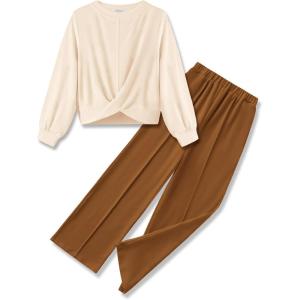 Arshiner Girls 2 Piece Outfits Sweatsuit Set Twist Front Sweatshirt Wide Leg Sweatpants Tracksuit with Pockets(Beige- Brown)