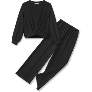 Arshiner Girls 2 Piece Outfits Sweatsuit Set Twist Front Sweatshirt Wide Leg Sweatpants Tracksuit with Pockets(Black)