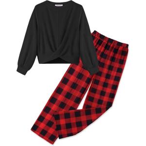Arshiner Girls 2 Piece Outfits Sweatsuit Set Twist Front Sweatshirt Wide Leg Sweatpants Tracksuit with Pockets(Black and Red Plaid)