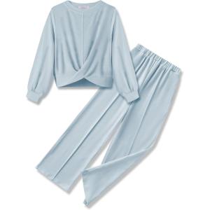 Arshiner Girls 2 Piece Outfits Sweatsuit Set Twist Front Sweatshirt Wide Leg Sweatpants Tracksuit with Pockets(Blue)
