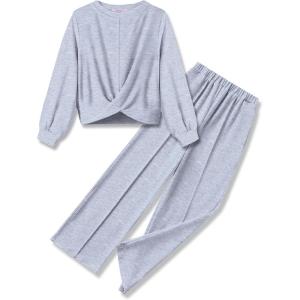 Arshiner Girls 2 Piece Outfits Sweatsuit Set Twist Front Sweatshirt Wide Leg Sweatpants Tracksuit with Pockets(Light Grey)