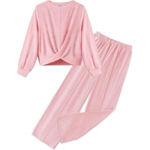 Arshiner Girls 2 Piece Outfits Sweatsuit Set Twist Front Sweatshirt Wide Leg Sweatpants Tracksuit with Pockets(Pink)