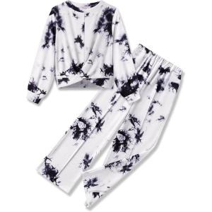 Arshiner Girls 2 Piece Outfits Sweatsuit Set Twist Front Sweatshirt Wide Leg Sweatpants Tracksuit with Pockets(Tie Dye-black&white)