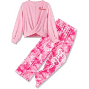 Arshiner Girls 2 Piece Outfits Sweatsuit Set Twist Front Sweatshirt Wide Leg Sweatpants Tracksuit with Pockets(Tie Dye-rose&pink)