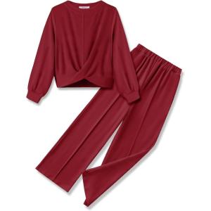 Arshiner Girls 2 Piece Outfits Sweatsuit Set Twist Front Sweatshirt Wide Leg Sweatpants Tracksuit with Pockets(Wine Red)