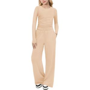 Arshiner Girls 2 Piece Set Fall Outfits Lounge Sets Ruched Long Sleeve Top Wide Leg Pants Sweatsuit Clothing Set(Beige)