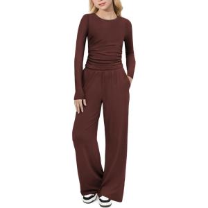 Arshiner Girls 2 Piece Set Fall Outfits Lounge Sets Ruched Long Sleeve Top Wide Leg Pants Sweatsuit Clothing Set(Brown)
