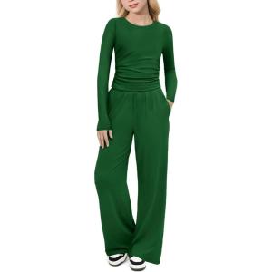 Arshiner Girls 2 Piece Set Fall Outfits Lounge Sets Ruched Long Sleeve Top Wide Leg Pants Sweatsuit Clothing Set(Dark Green)