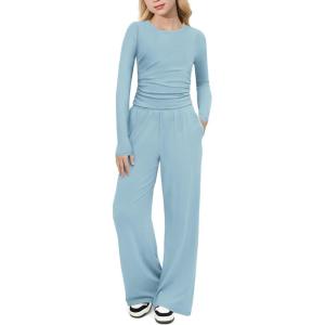 Arshiner Girls 2 Piece Set Fall Outfits Lounge Sets Ruched Long Sleeve Top Wide Leg Pants Sweatsuit Clothing Set(Light Blue)