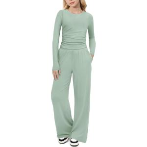 Arshiner Girls 2 Piece Set Fall Outfits Lounge Sets Ruched Long Sleeve Top Wide Leg Pants Sweatsuit Clothing Set(Light Green)
