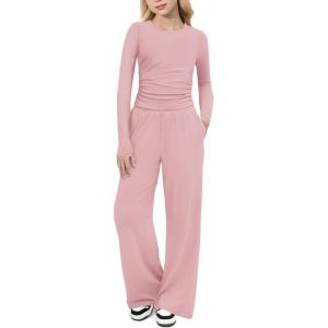 Arshiner Girls 2 Piece Set Fall Outfits Lounge Sets Ruched Long Sleeve Top Wide Leg Pants Sweatsuit Clothing Set(Light Pink)