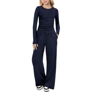 Arshiner Girls 2 Piece Set Fall Outfits Lounge Sets Ruched Long Sleeve Top Wide Leg Pants Sweatsuit Clothing Set(Navy)