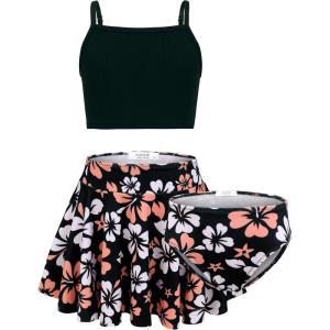 Arshiner Girls 3 Piece Swimsuit for Teen Girl Tankini Swimsuits Bathing Suit Beach Floral Bikini Swimwear with Skirt(Black – Hibiscus)