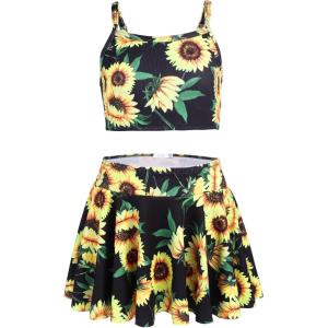 Arshiner Girls 3 Piece Swimsuit for Teen Girl Tankini Swimsuits Bathing Suit Beach Floral Bikini Swimwear with Skirt(Black-sunflower)