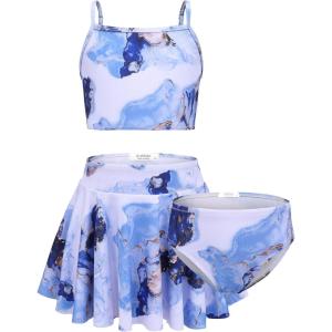 Arshiner Girls 3 Piece Swimsuit for Teen Girl Tankini Swimsuits Bathing Suit Beach Floral Bikini Swimwear with Skirt(Blue – Marble)