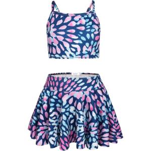 Arshiner Girls 3 Piece Swimsuit for Teen Girl Tankini Swimsuits Bathing Suit Beach Floral Bikini Swimwear with Skirt(Navy Blue-floral 1)