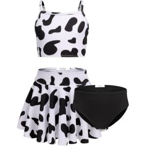 Arshiner Girls 3 Piece Swimsuit for Teen Girl Tankini Swimsuits Bathing Suit Beach Floral Bikini Swimwear with Skirt(White-black)