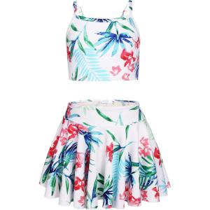 Arshiner Girls 3 Piece Swimsuit for Teen Girl Tankini Swimsuits Bathing Suit Beach Floral Bikini Swimwear with Skirt(White-floral)