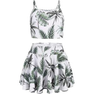 Arshiner Girls 3 Piece Swimsuit for Teen Girl Tankini Swimsuits Bathing Suit Beach Floral Bikini Swimwear with Skirt(White-leaves)