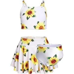 Arshiner Girls 3 Piece Swimsuit for Teen Girl Tankini Swimsuits Bathing Suit Beach Floral Bikini Swimwear with Skirt(White-sunflower)