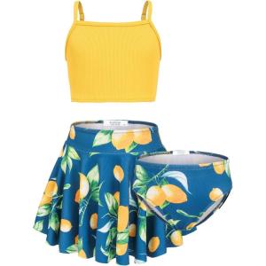 Arshiner Girls 3 Piece Swimsuit for Teen Girl Tankini Swimsuits Bathing Suit Beach Floral Bikini Swimwear with Skirt(Yellow – Lemon)