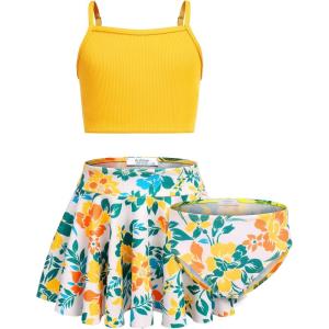Arshiner Girls 3 Piece Swimsuit for Teen Girl Tankini Swimsuits Bathing Suit Beach Floral Bikini Swimwear with Skirt(Yellow-floral)