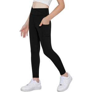 Arshiner Girls Athletic Leggings with Pockets Kids Crossover High Waisted Dance Workout Running Yoga Pants(Black)