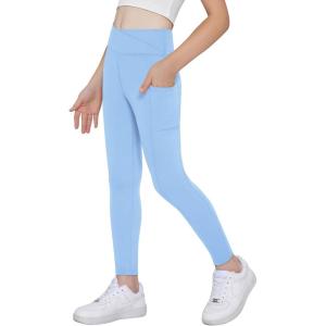Arshiner Girls Athletic Leggings with Pockets Kids Crossover High Waisted Dance Workout Running Yoga Pants(Blue)