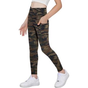 Arshiner Girls Athletic Leggings with Pockets Kids Crossover High Waisted Dance Workout Running Yoga Pants(Brown Camouflage)
