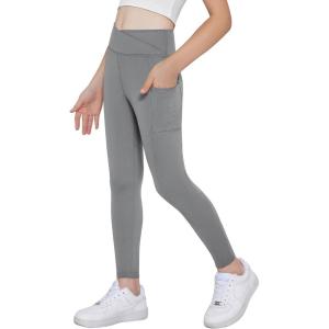 Arshiner Girls Athletic Leggings with Pockets Kids Crossover High Waisted Dance Workout Running Yoga Pants(Grey)